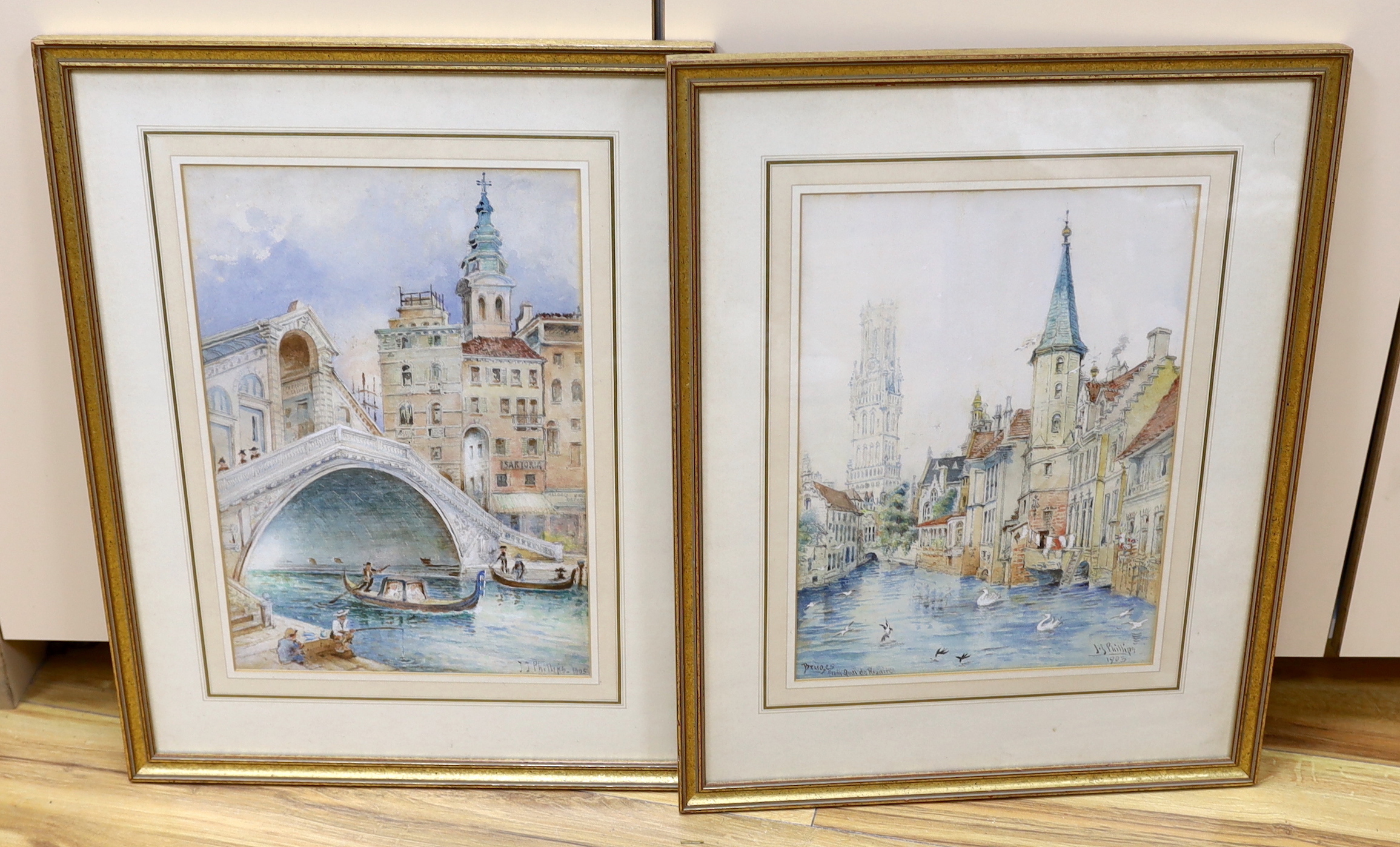 J.J.Phillips (19th / 20th. C), pair of watercolours, Bruges and Venetian canal scenes, signed and dated 1903/05, each 36 x 25cm